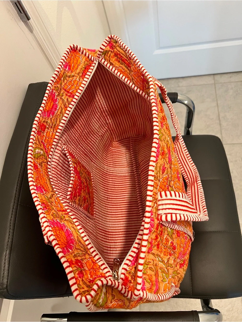 Quilted Floral Tote Bag in Orange & Pink